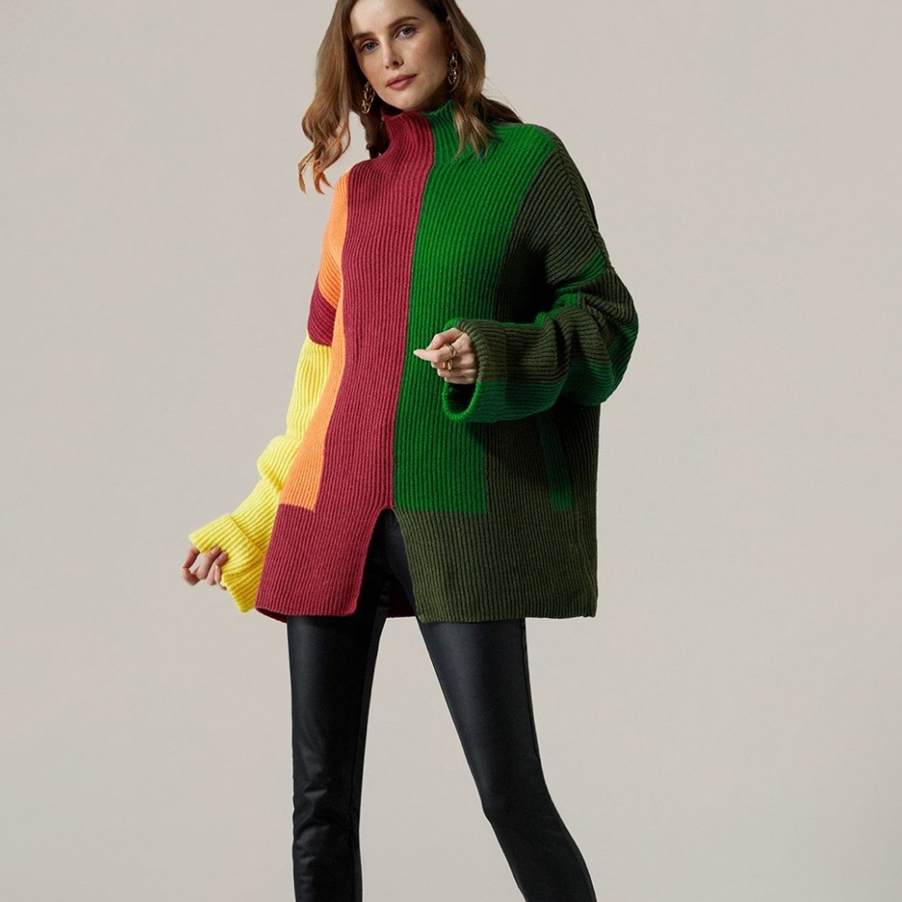 Color Block Turtleneck Urban Long Sleeve Sweater - Picture 3 of 13